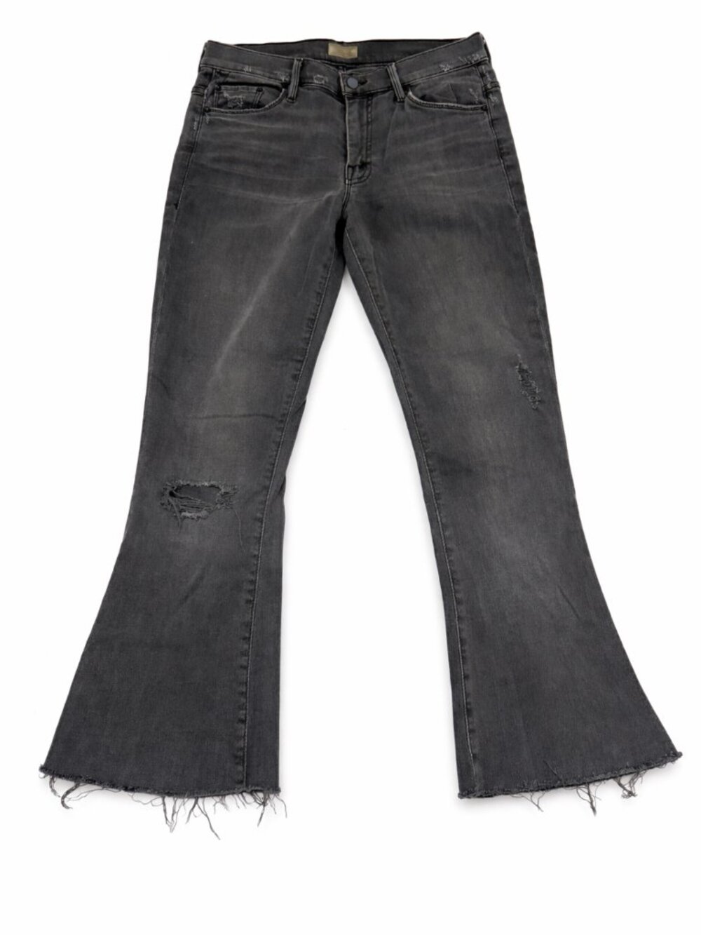 MOTHER The Weekender Fray Jeans Size 27 | Grey Distressed Cropped Flare Denim